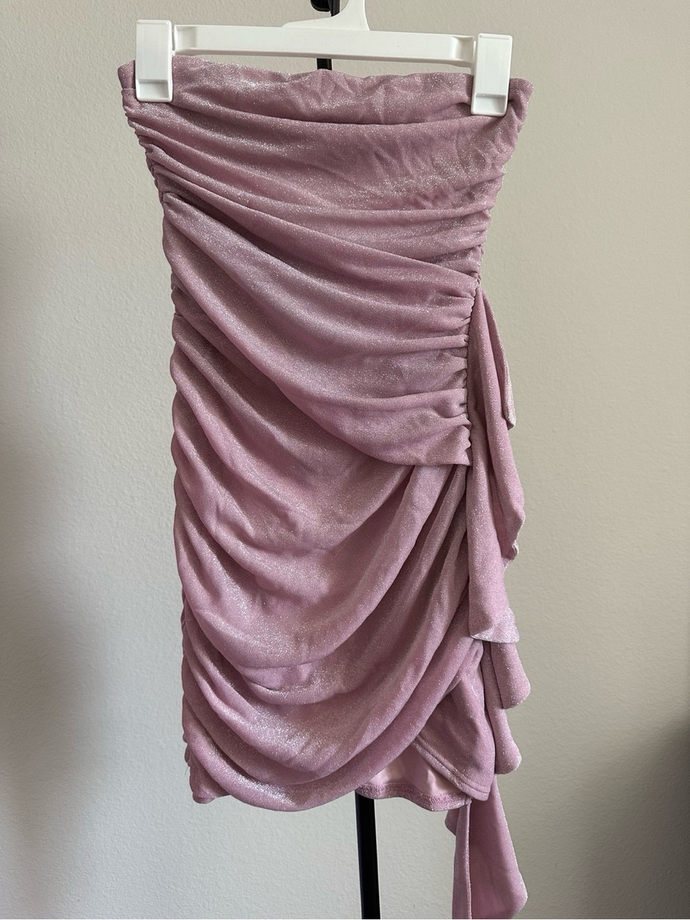 American Threads Shimmer Ruched Dusty Rose Mini Dress